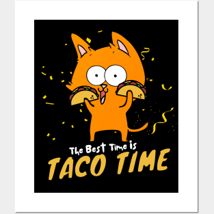 The Best Time Is Taco Time Funny Orange Cat Dark Version Posters and Art